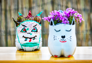 Plat pots made from the bottom of two plastic bottles and decorated with paint