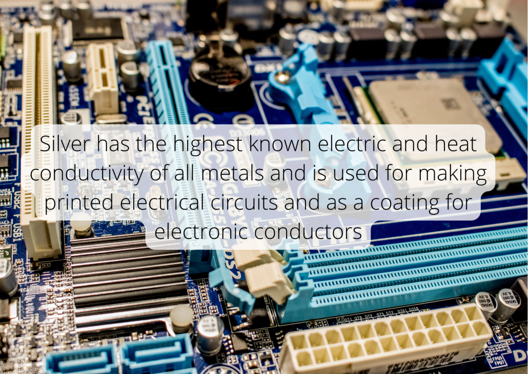 Silver has the highest known electric and heat conductivity of all metals and is used for making printed electrical circuits and as a coating for electronic conductors