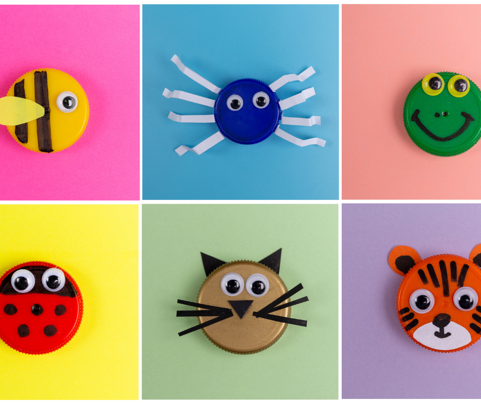 Art made from plastic bottle tops including a bee, spider, frog, ladybird, cat and tiger