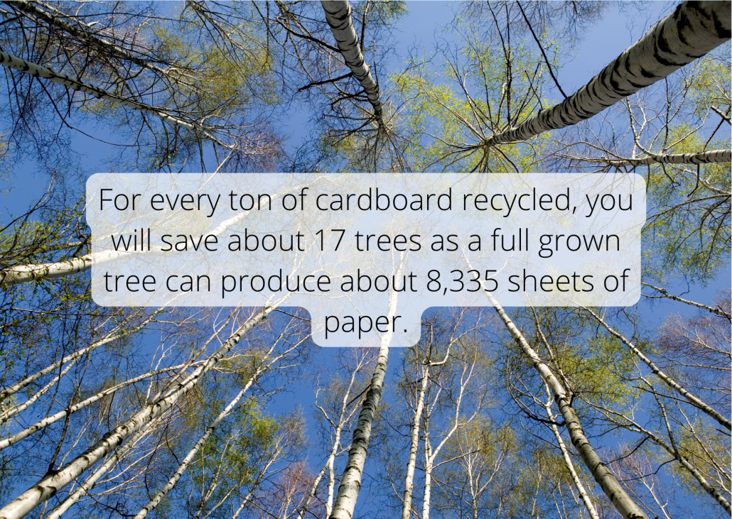 For every ton of cardboard recycled, you will save about 17 trees as a full grown tree can produce about 8,335 sheets of paper.