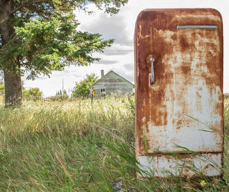 Old and rusty fridge on a grassy field