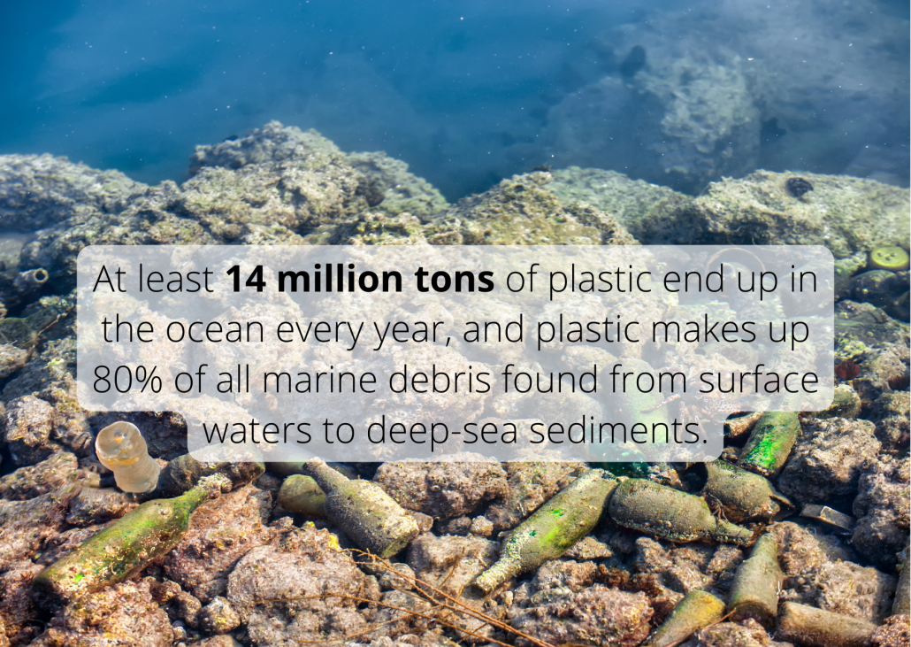 At least 14 million tons of plastic end up in the ocean every year, and plastic makes up 80% of all marine debris found from surface waters to deep-sea sediments.