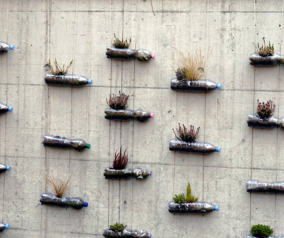 Wall plant pots made from reused plastic bottles