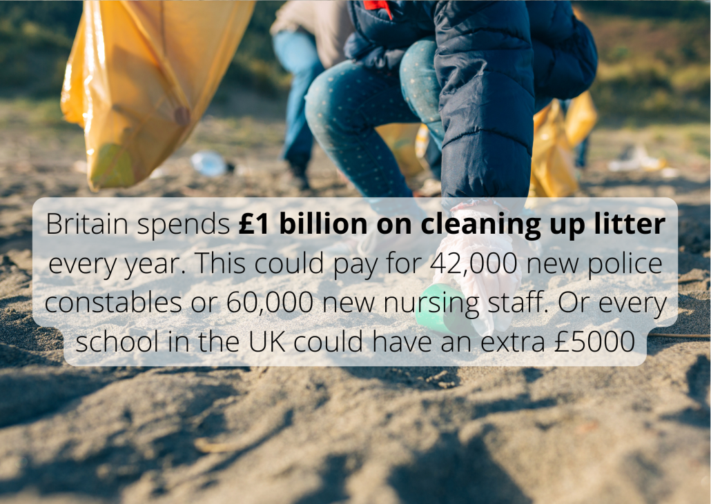 Britain spends £1 billion on cleaning up litter every year. This could pay for 42,000 new police constables or 60,000 new nursing staff. Or every school in the UK could have an extra £5000