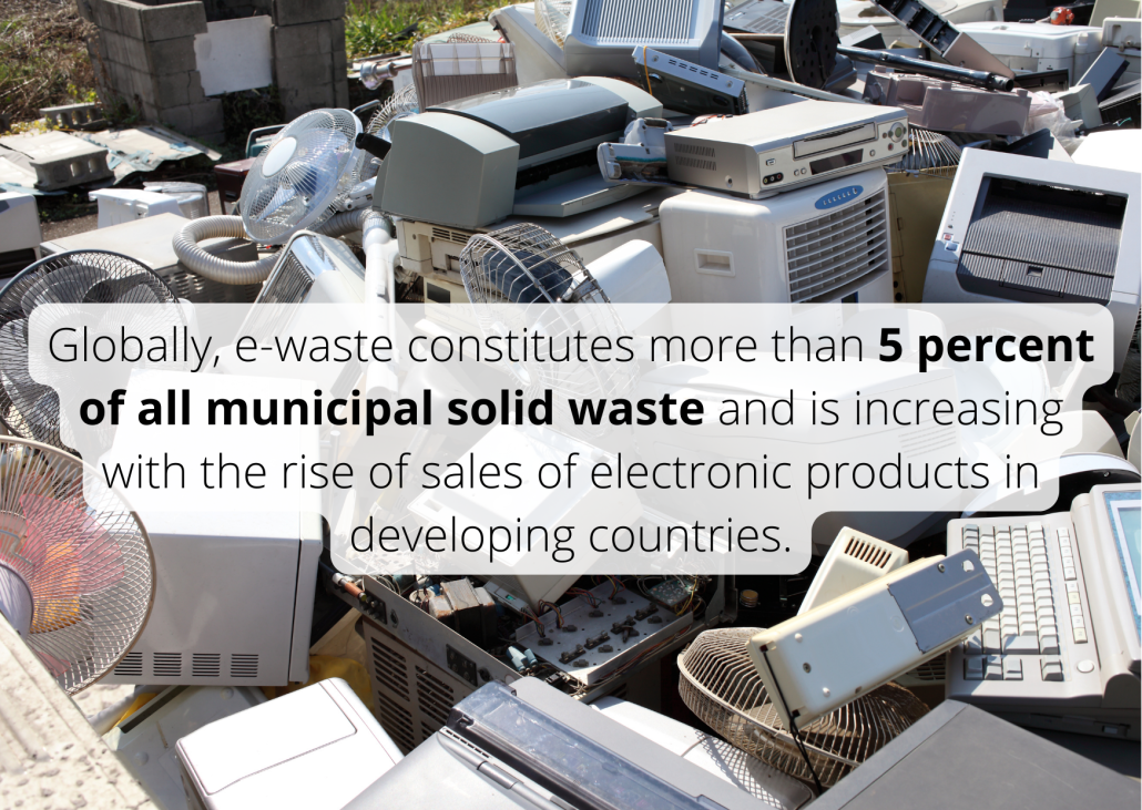 Globally, e-waste constitutes more than 5 percent of all municipal solid waste and is increasing with the rise of sales of electronic products in developing countries.