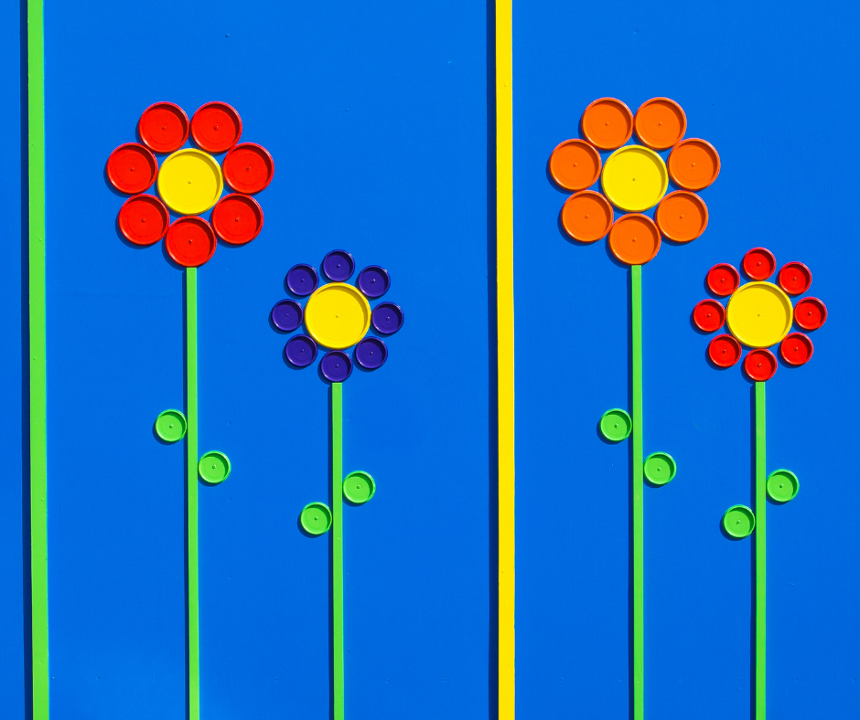Art made from old plastic bottle tops in the shape of flowers