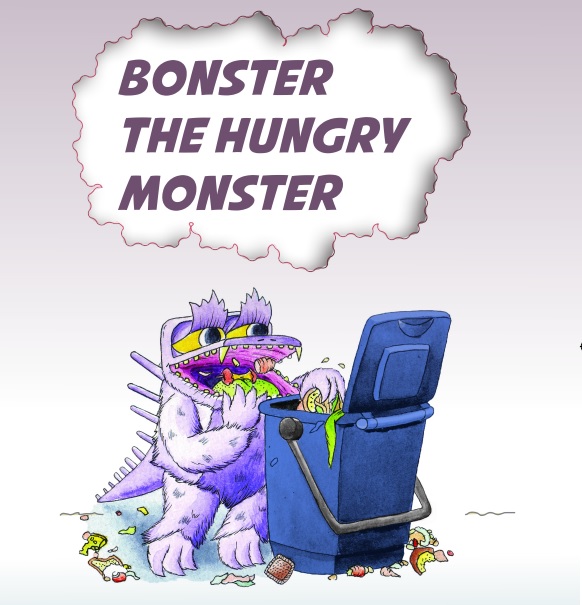 Bonster the Hungry Monster Book Cover. Part of a campaign to encourage sustainability in food waste