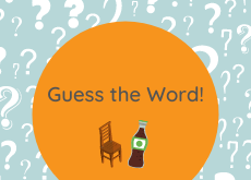 An illustration of a chair and a glass bottle, along with the words Guess the Word. The background consists of question marks.