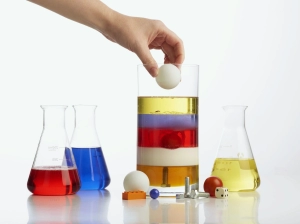 Image of liquids in beakers of various colours and solid objects