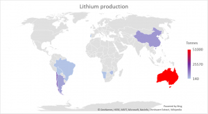 World map showing lithium production. Australia produces most, then Chile, Argentina, China, Brazil, Bolivia, Portugal, Namibia and then Zambia