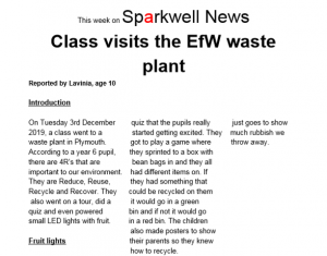 Part of school newspaper, Sparkwell News,Class Visits the EfW waste plant