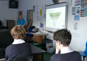 Waste Educator Lucy in front of a smartboard teaching about the circular economy in a GCSE class with backs of students heads
