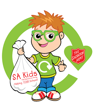 Boy in front of a recycling logo carrying a bag with a Salvation Army logo. Part of a sustainability campaign.