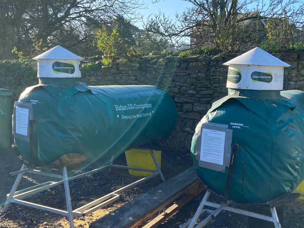 Two Ridan food waste composters at Kingsley School in Bideford, photographed in the winter sunshine by Lucy Mottram on 17th January 2022