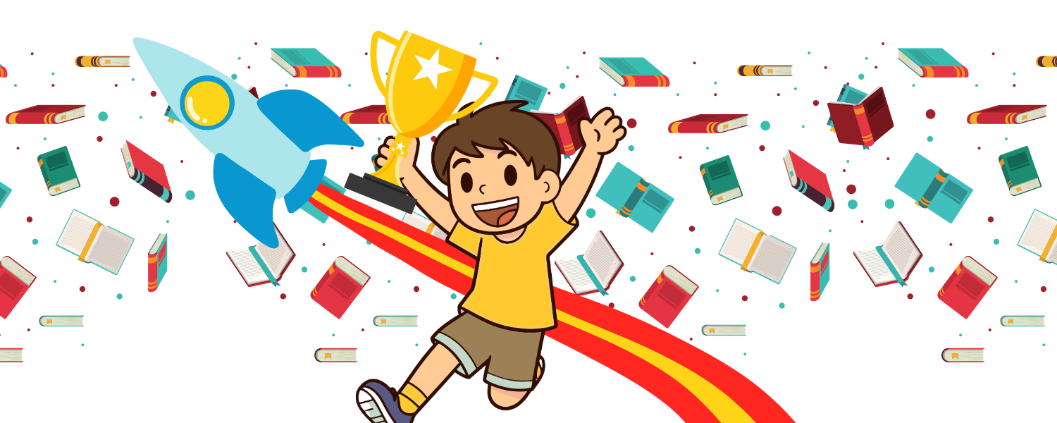 A boy jumping up with a trophy. He is on the backdrop of a rocket and a range of books.