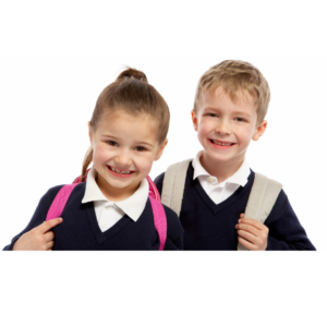 Girl and boy smiling while in school uniform 
