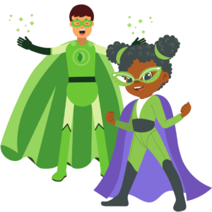 An eco-superwoman and an eco superman. Both are in green superhero outfits.