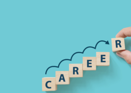 Image of the word careers in a blue background. An arrow is jumping on the word blocks.