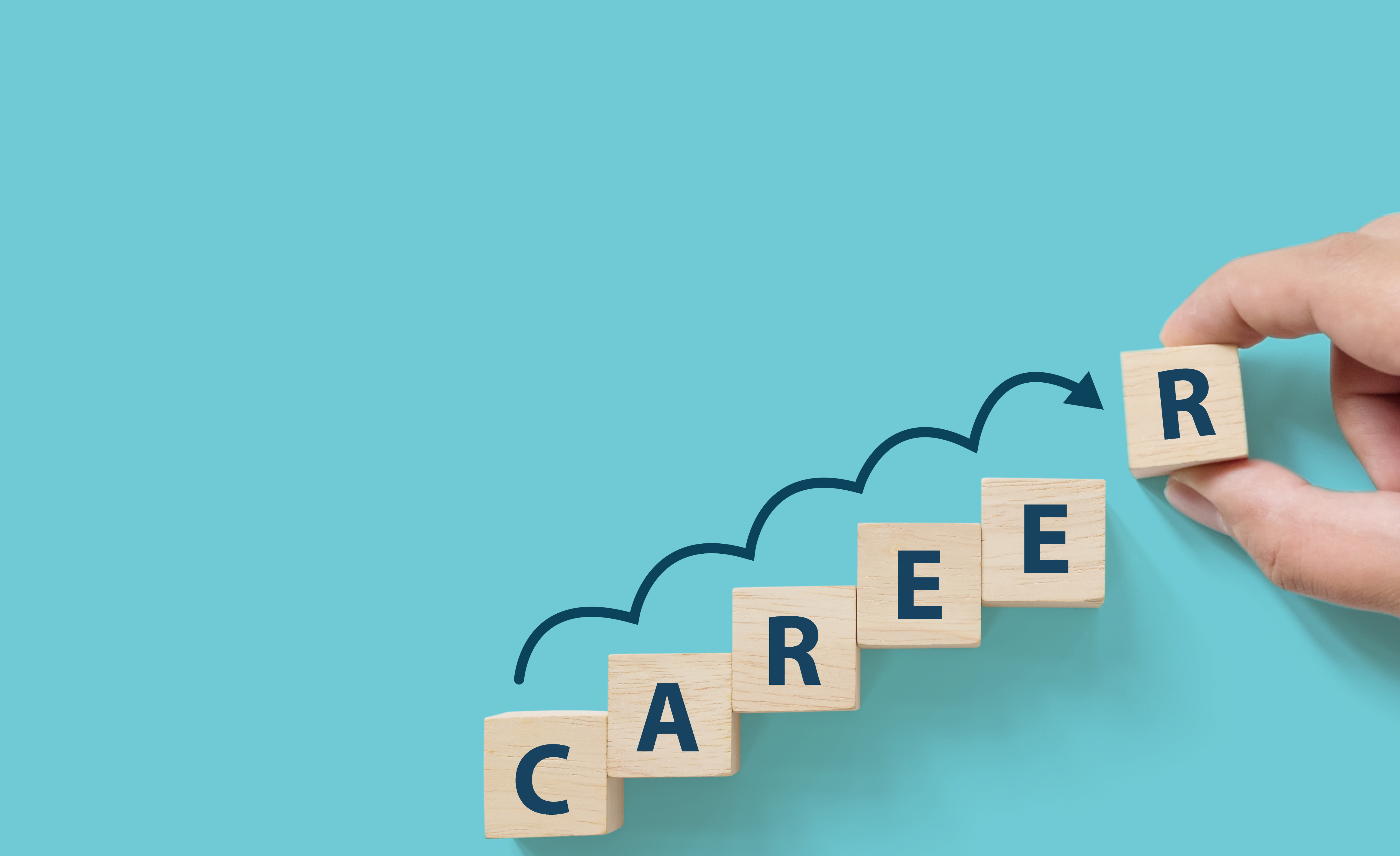 Image of the word careers in a blue background. An arrow is jumping on the word blocks.