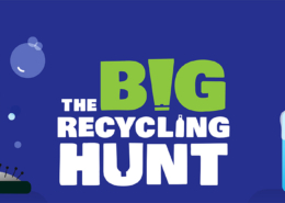 Title: The Big Recycling Hunt Background: Blue with kitchen and bathroom products at the side of the title. Encouraging you to join the big recycling hunt.