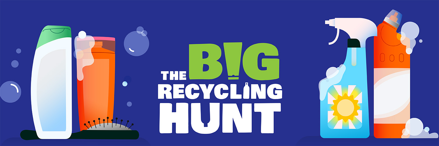 Title: The Big Recycling Hunt Background: Blue with kitchen and bathroom products at the side of the title. Encouraging you to join the big recycling hunt.