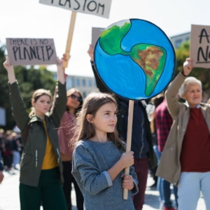 A group of female protesters holding signs about environmentalism. The focus of the image is the young girl at the front holding a sign of the Earth.