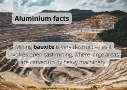 Mining bauxite is very destructive as it involves open cast mining, where large areas are carved up by heavy machinery.