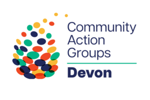 Writing saying community action groups Devon. This next to a picture of yellow, green, red and blue drops coming together to form one big drop.