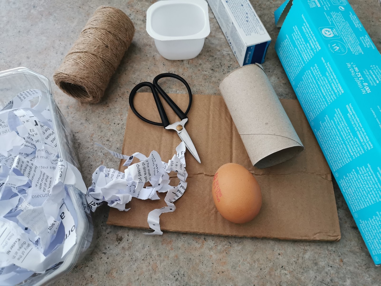 An egg is surrounded by empty cardboard packaging, a yogurt pot, a fruit punnet, shredded paper, scissors and string.