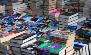 Stack of secondhand books for sale