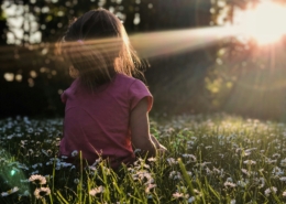 Picture of young girl looking at light coming through trees while sitting in a carpet of daisies