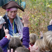 Waste Educator dressed as a Pirate and teaching children about plastic pollution