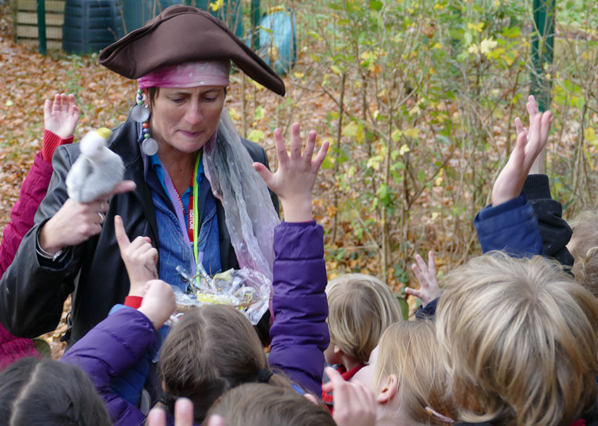 Waste Educator dressed as a Pirate and teaching children about plastic pollution