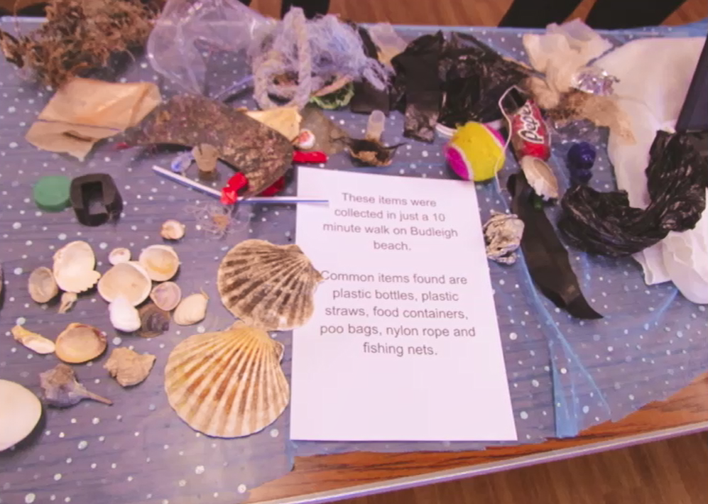 A collection of objects found on a 10 minute walk at Budleigh nbeach including scallop shells and lots of plastic pollution, including plastic packaging and fishing gear