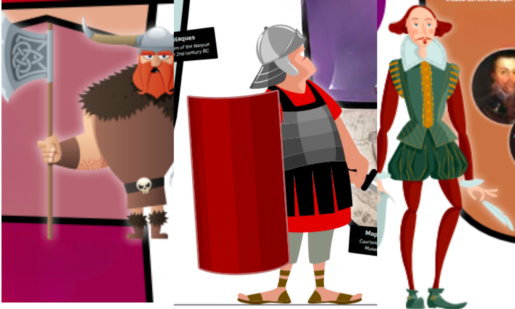 A picture for Archaeology Day. they are illustrations from our history of waste timeline. Three cartoon characters, a Viking solider, a Roman soldier and William Shakespeare