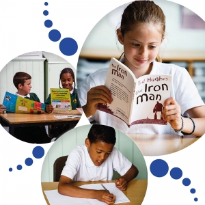 What About Waste? front cover showing children doing various literacy activities: reading, looking at waste leaflets and writing